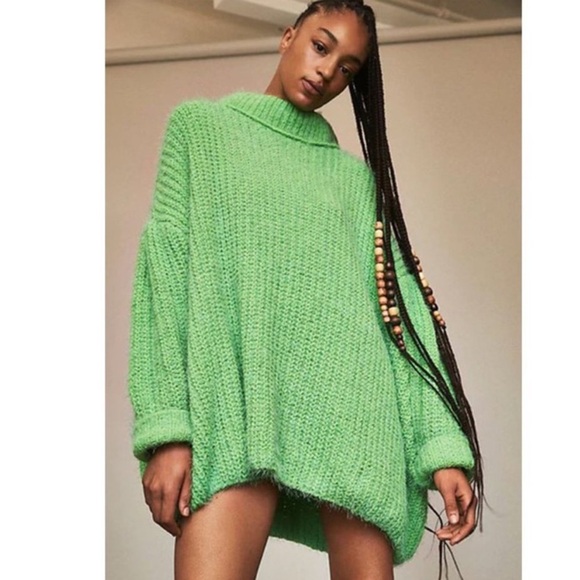 Free People Oasis Cowl Neck Tunic Sweater Pullover Fuzzy Oversized Green Small - Picture 2 of 7